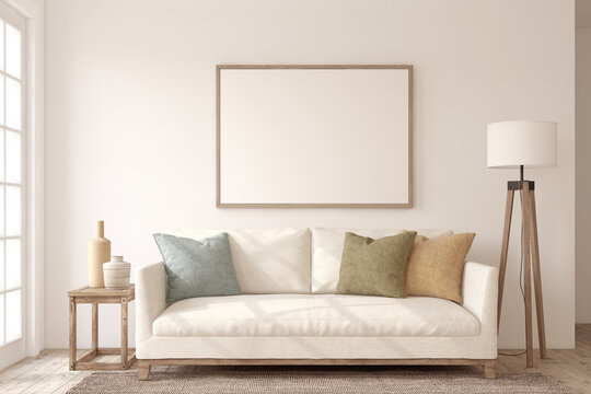 Living-room interior in scandinavian style. Poster mockup. 3d render.
