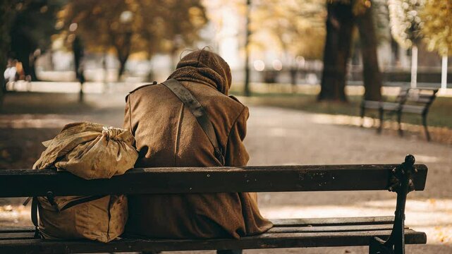 homelessness shelters support concept. Person sitting alone on a bench in a park setting.
