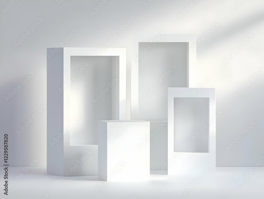Poster 3d white rectangular frames stand elegantly on a soft white background with subtle lighting