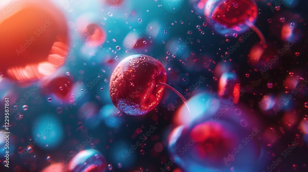 Poster abstract representation of floating red spheres in a colorful, blurred underwater environment