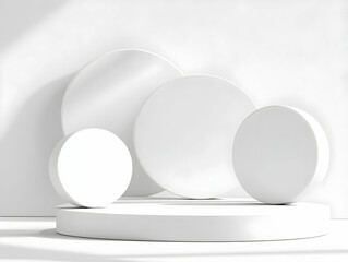3D White Cylinder Podium with Circle Backdrop in Window Light Creates a Minimalist Showcase for Products