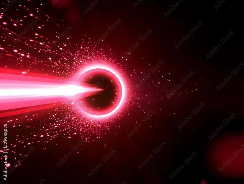 Poster abstract red light beam enters a dark circle with sparkling particles background