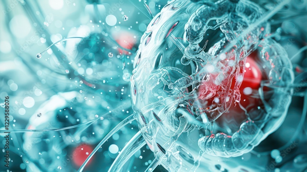 Poster abstract close-up of translucent cells with red centers in a vibrant, dynamic environment
