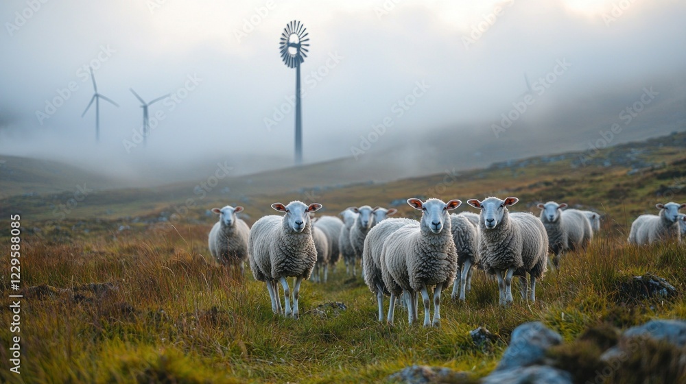 Poster a peaceful herd of sheep grazes on a lush, misty hill as soft light breaks over the landscape. wind 
