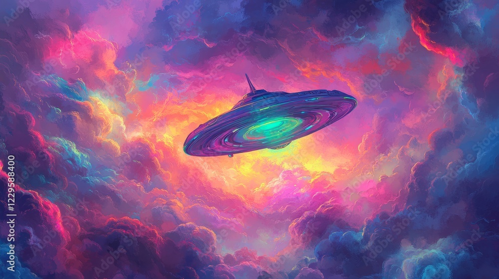 Poster a mesmerizing scene of a spaceship navigating through vivid, colorful clouds, creating a dreamlike a