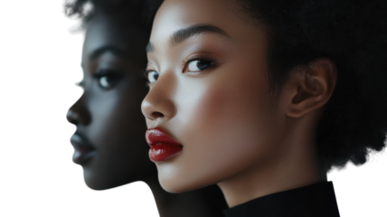 Two women with striking features showcase beauty and diversity against a bright background during a creative portrait session