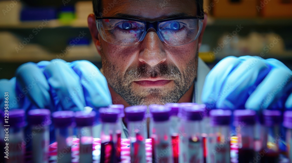 Poster scientist analyzing samples in a laboratory, focused on test tubes with colorful liquids