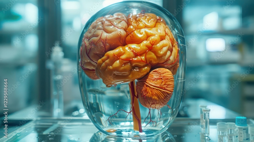 Poster detailed view of a preserved human brain in a laboratory setting with medical tools in the backgroun