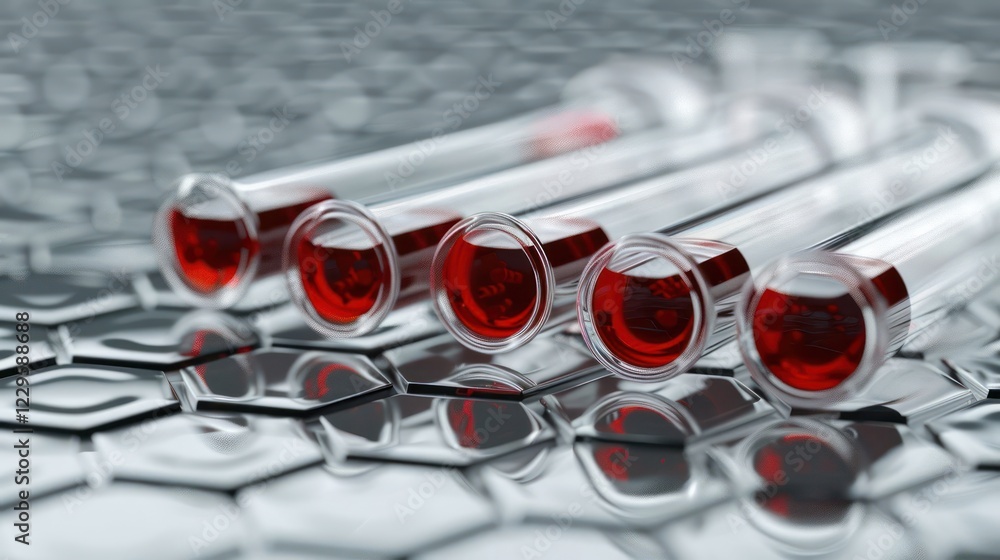 Poster close-up of test tubes filled with red liquid on a reflective surface, laboratory setting with scien