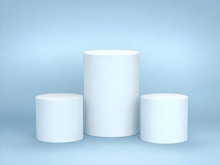 Three White Cylinder Podiums Stand on a Light Blue Background for Product Placement