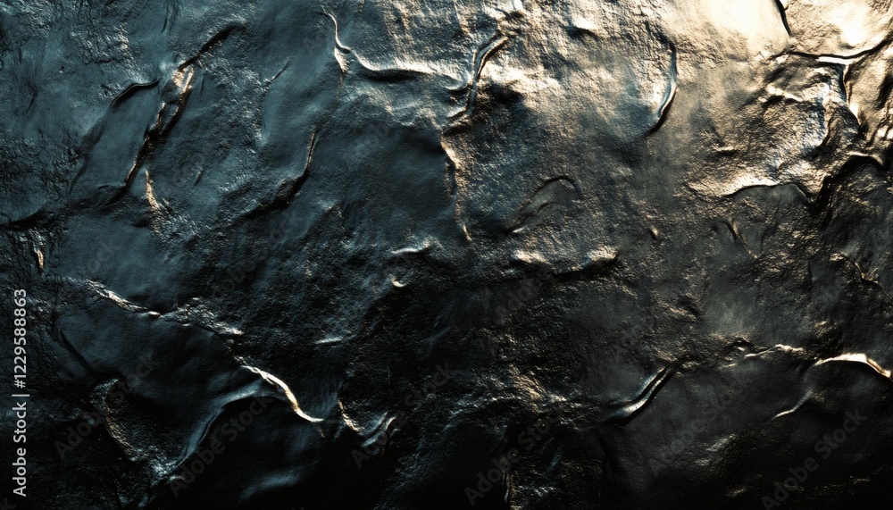 Poster dark, textured surface with deep crevices and folds, illuminated by a light source.