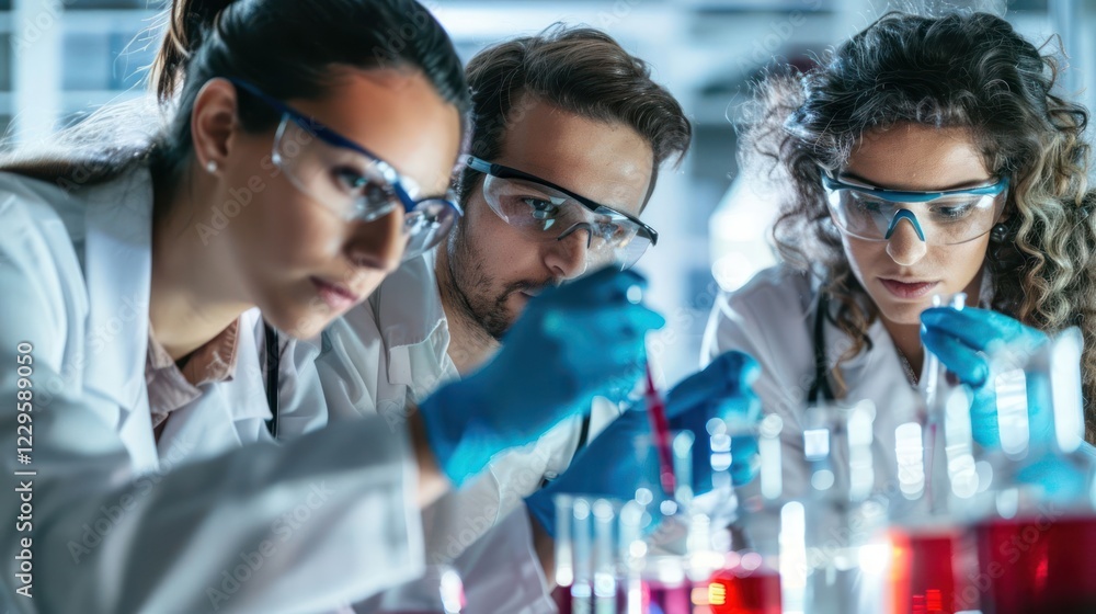 Poster group of scientists conducting experiments in a laboratory with colorful liquids in beakers