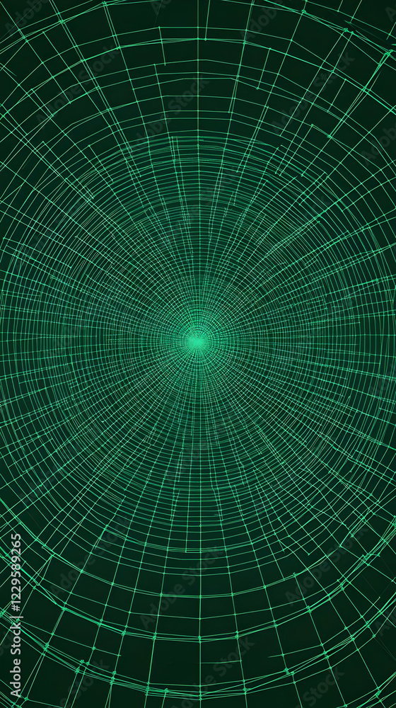 Poster green grid network radiates outward in a circular pattern on a dark background.