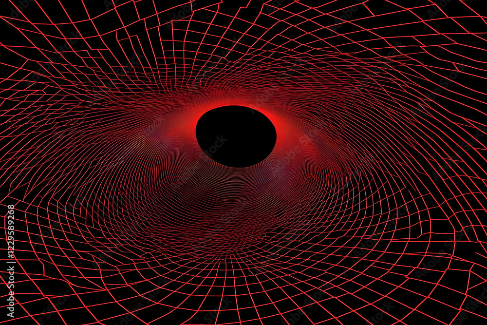 Poster red grid tunnel forms a vortex with a dark center on a black background