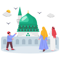 Muslim Arabic Family Going to Visit Prophets City Mosque concept, Rawdah Sharif of Al-Masjid an-Nabawi with pilgrimages vector icon design, ramadan and Eid al-Fitr Banner, Muslim fasting month scene, 