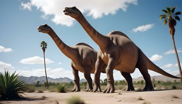 Un gran dinosaurio brontosaurio marr&oacute;n parado en un paisaje des&eacute;rtico con palmeras, bajo un cielo azul nublado