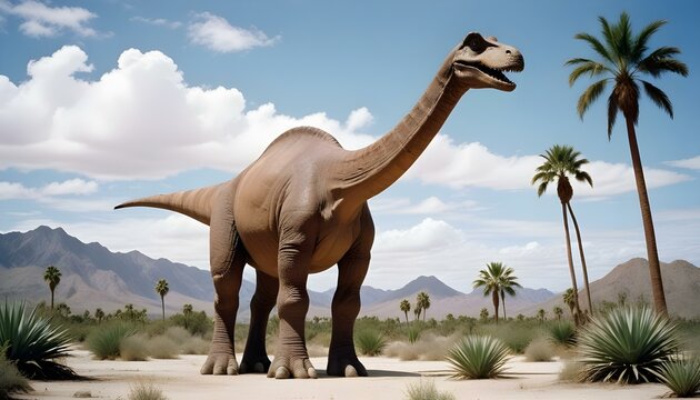 Un gran dinosaurio brontosaurio marr&oacute;n parado en un paisaje des&eacute;rtico con palmeras, bajo un cielo azul nublado