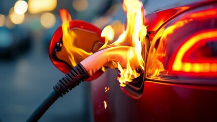 An electric vehicle charging port on fire, highlighting safety concerns, risks, and potential hazards related to electric car technology and charging infrastructure.