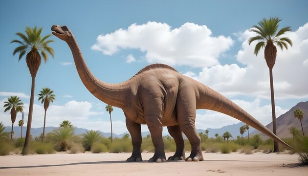 Un gran dinosaurio brontosaurio marr&oacute;n parado en un paisaje des&eacute;rtico con palmeras, bajo un cielo azul nublado