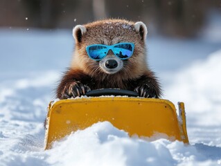 Wolverine Driving Snow Plow Winter Wonderland Animal Action Snowy Landscape Front View Humorous Concept