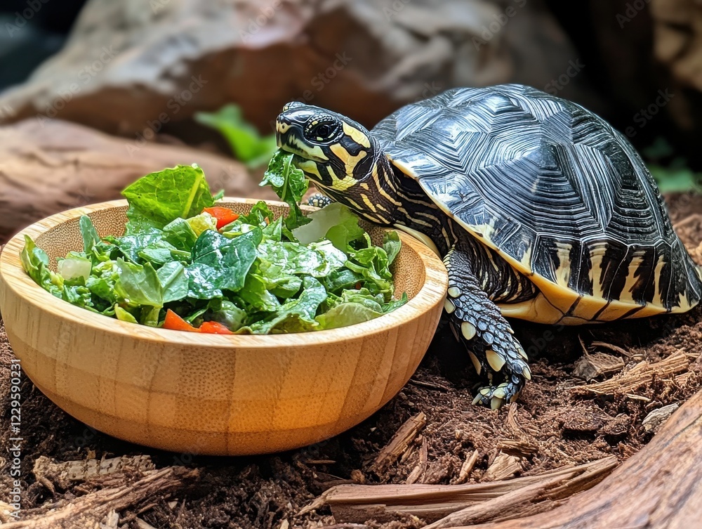 Poster a colorful turtle enjoying a fresh salad in a natural setting with wood and leaves in the background