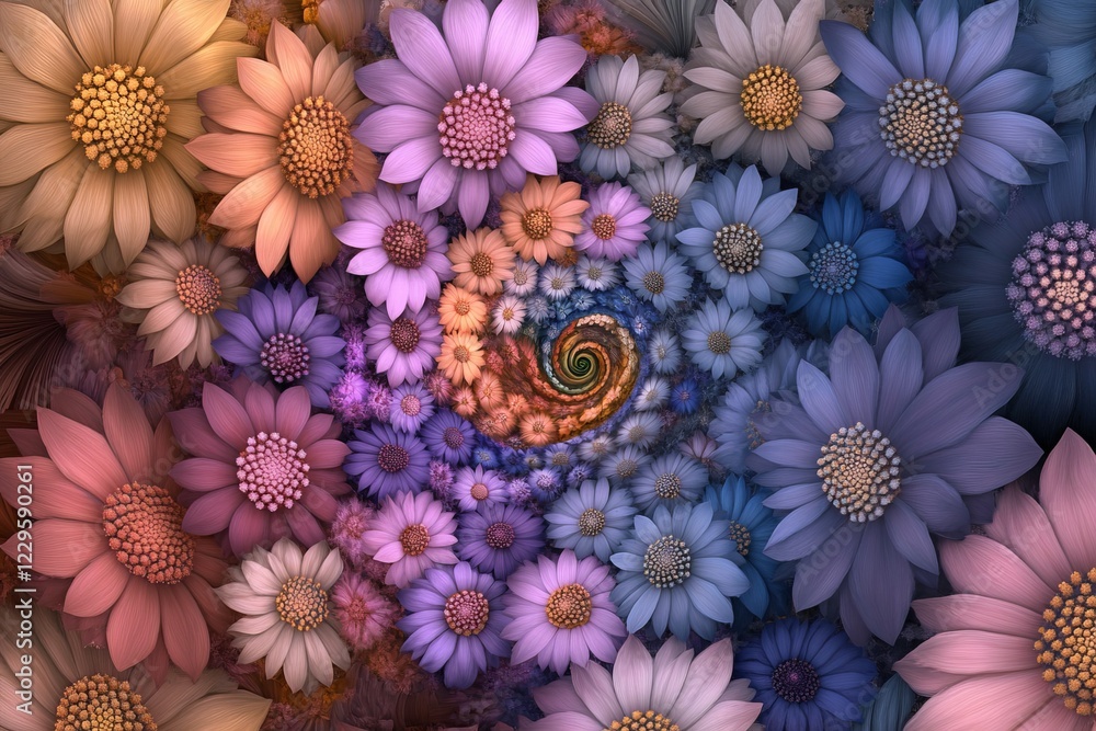 Poster a colorful flower arrangement with a spiral in the center. the flowers are of various colors and siz