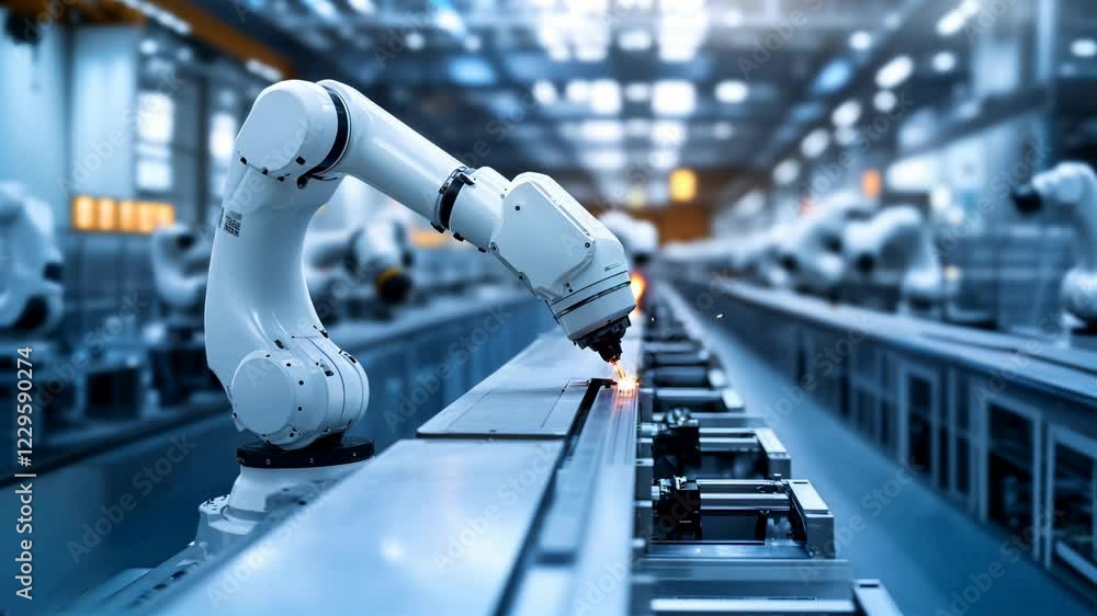 Poster a robotic arm performing precision welding in an advanced factory setting, showcasing the integratio
