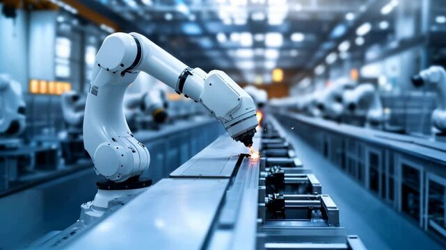A robotic arm performing precision welding in an advanced factory setting, showcasing the integration of automation and robotics in modern industrial manufacturing.