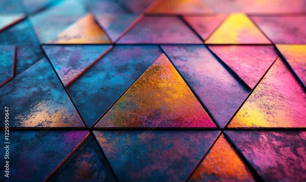 Poster abstract metallic triangle pattern with vibrant colors and grunge texture.