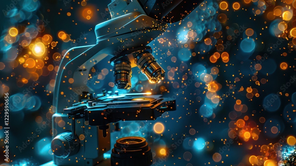 Poster close-up of a microscope in a vibrant lab setting with colorful bokeh background effects