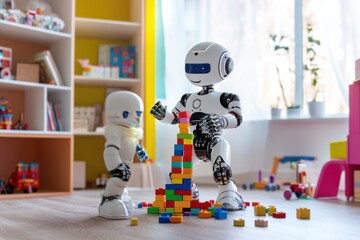 Naklejka premium Humanoid robot engages with toddlers while building a colorful block tower