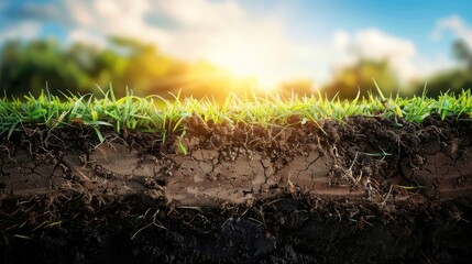 Fototapeta premium Close-up of soil layers with grass above, sunlight filtering through trees in the background