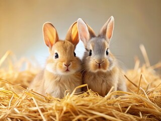 Adorable dwarf rabbits nestled in straw.