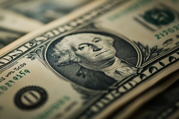 A detailed close up of a dollar bill placed on a wooden table surface