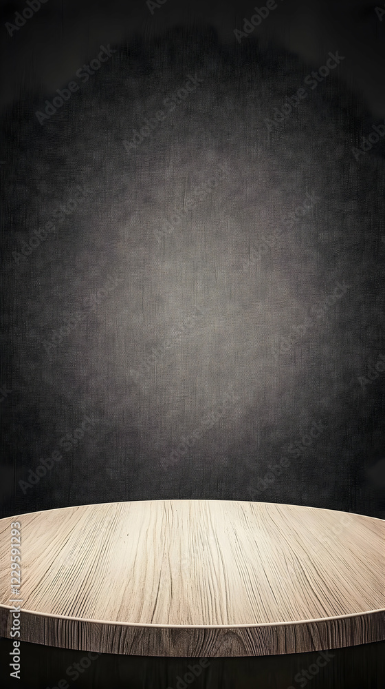 Poster empty round wooden table top on a dark textured background for product placement
