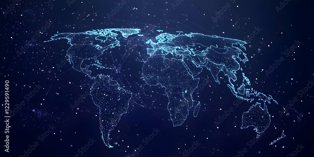 Poster glowing world map shows interconnectedness of global network with digital data points beautifully