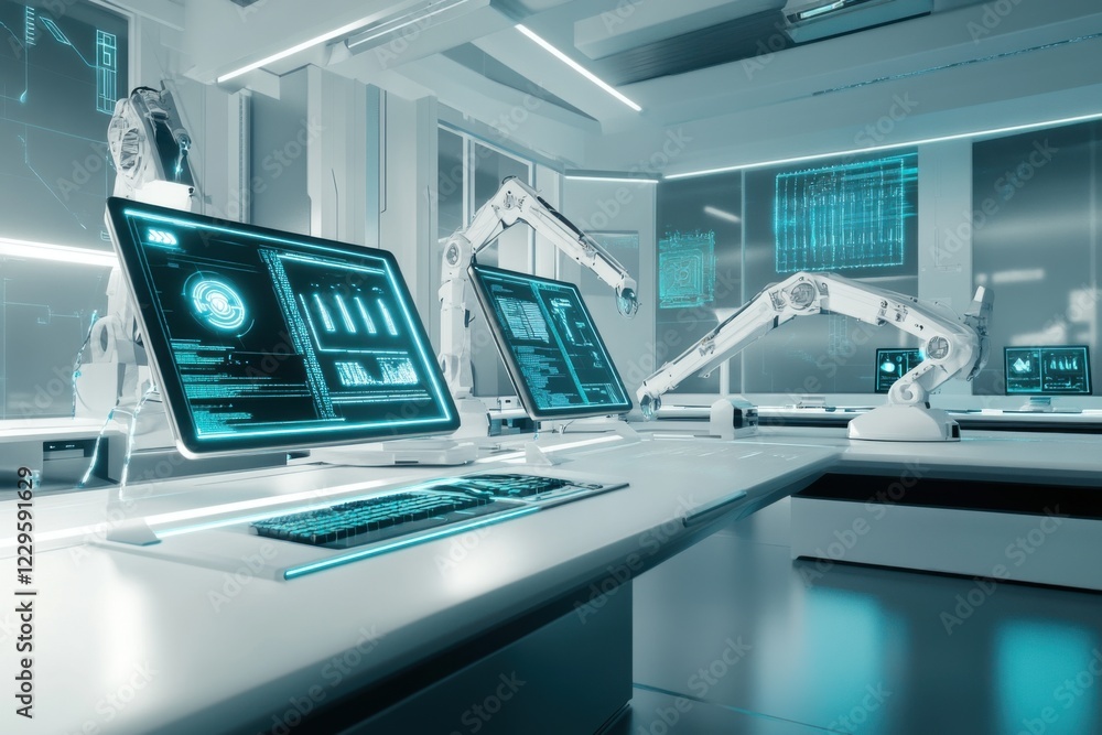 Poster futuristic workspace featuring robotic arms managing digital interfaces
