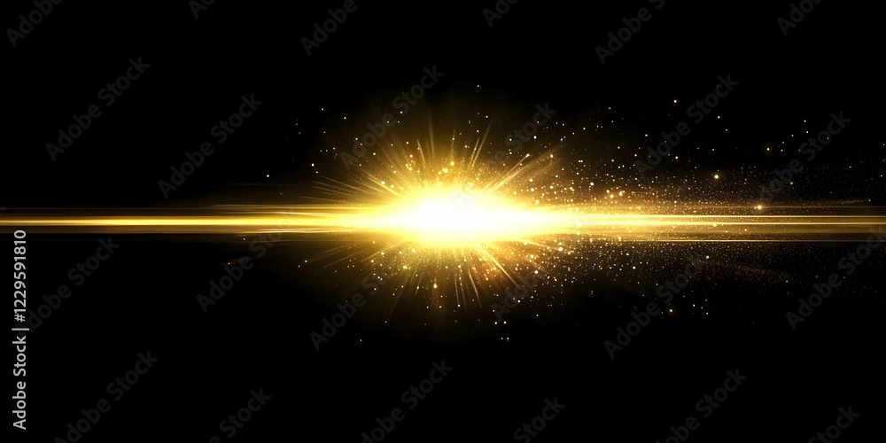 Poster golden light burst explodes on black background with sparkling particles