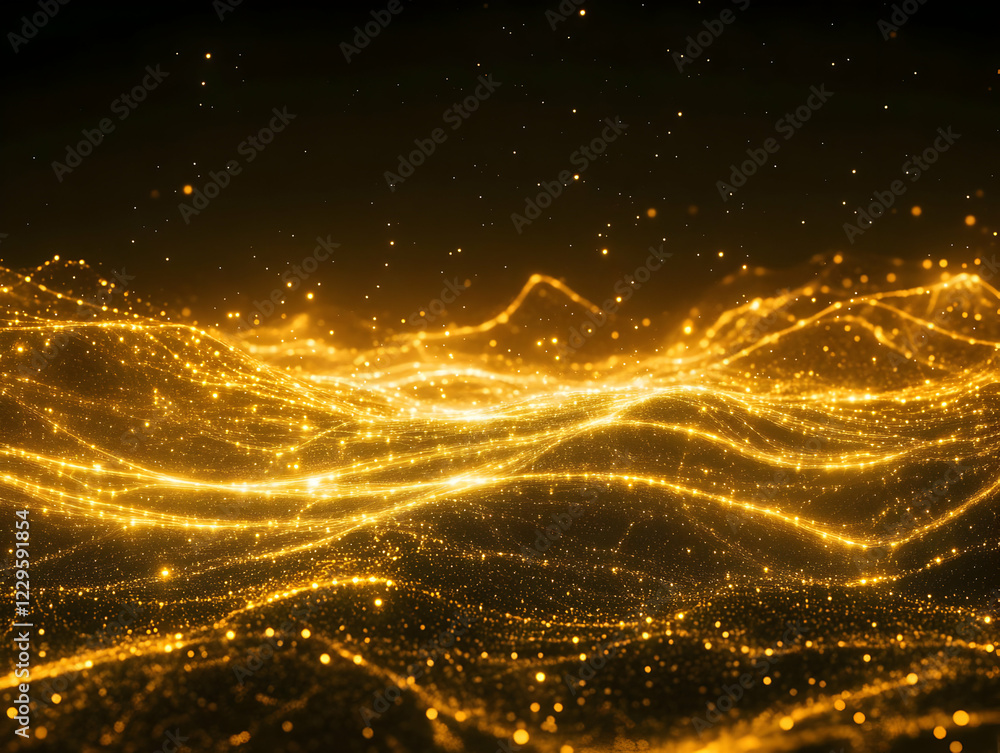 Poster abstract golden particles flowing smoothly across a dark background