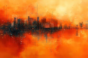 Obraz premium Fiery cityscape digital art abstract urban skyline