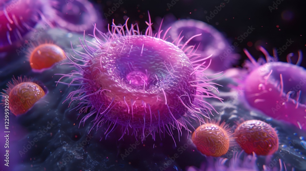 Poster close-up view of vibrant microscopic cells interacting in a colorful environment, showcasing cellula