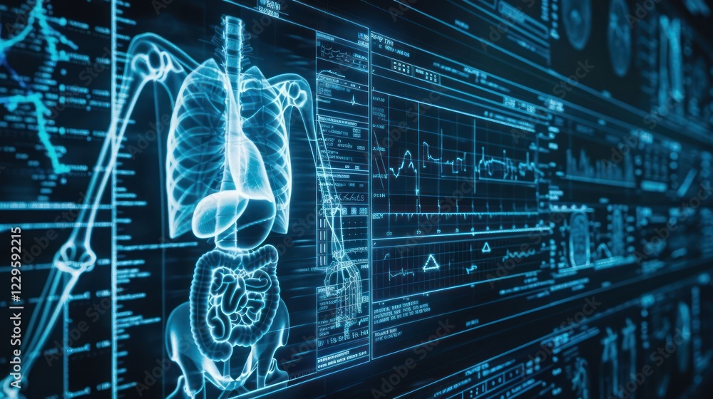 Poster futuristic medical interface displaying human anatomy and health data analysis in a lab setting