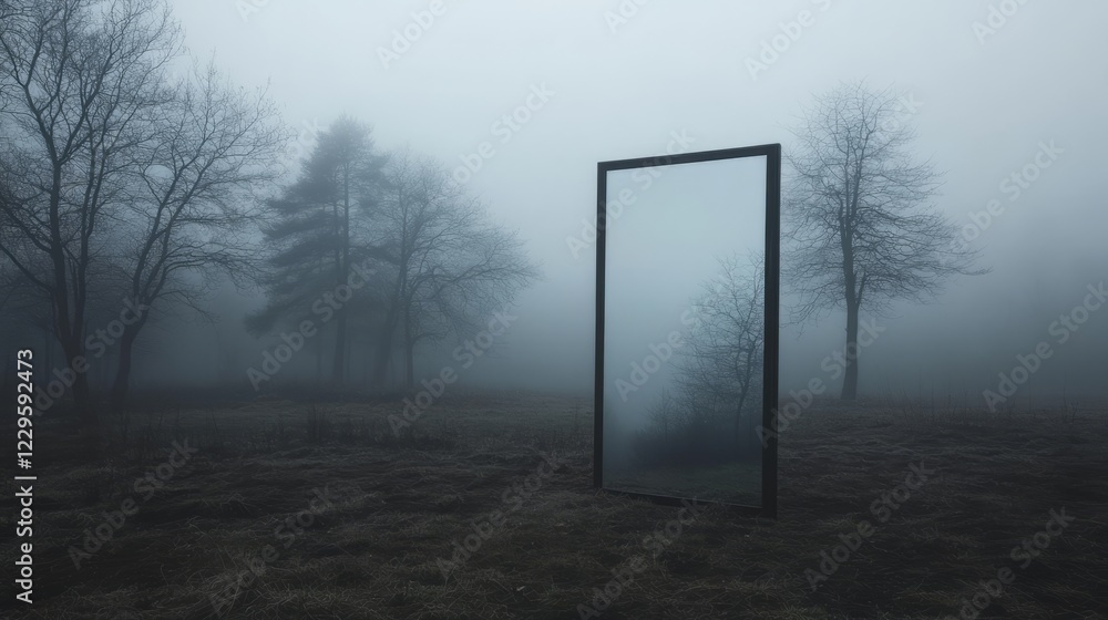 Poster a large mirror is in the middle of a field. the mirror is surrounded by trees and the sky is cloudy