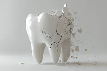 A cracked white tooth with fragments breaking off, symbolizing dental decay or structural weakness, set against a neutral background