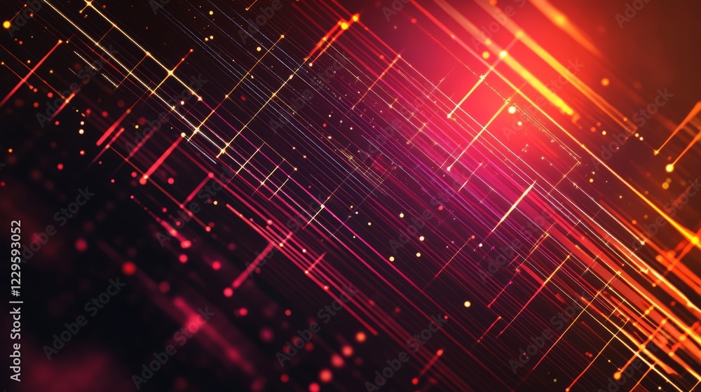 Poster colorful, abstract image with red and yellow lines and dots. the image has a futuristic, technologic