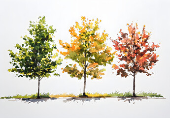 Obraz premium Architectural sketch of a small group of trees in the landscape, with green colors on a white background. The painting has low detail, but is a detailed ink wash with a simple, high-resolution, 