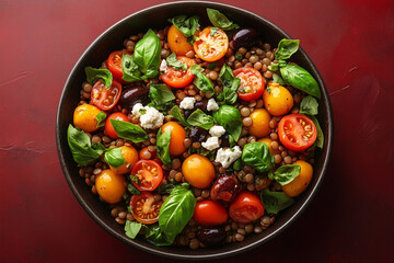 Lentil salad with tomatoes, basil, and feta cheese in a black bowl