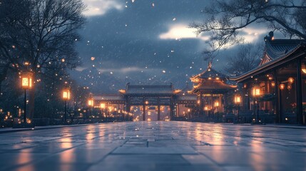 Serene twilight scene traditional village digital snowy night perspective tranquility