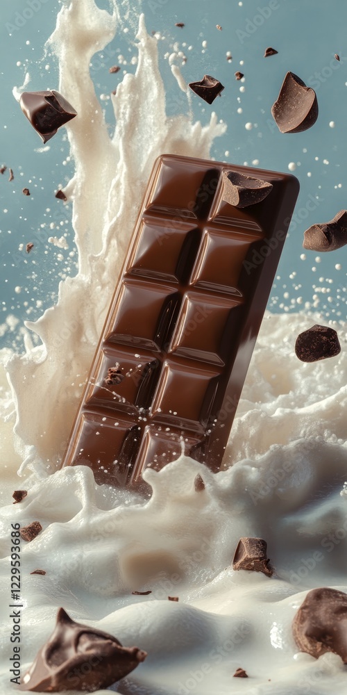 Poster a dynamic image of a rich chocolate bar splashing into creamy milk, surrounded by flying chunks. thi