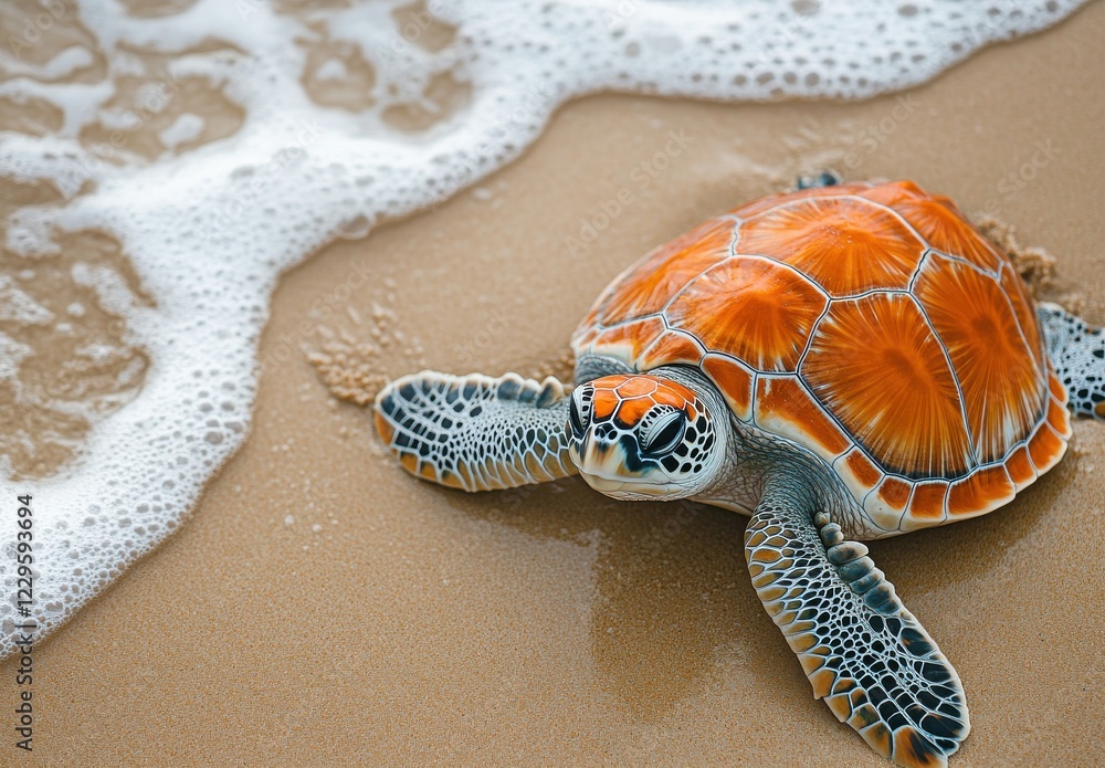 Poster a vibrant close-up of a sea turtle emerging from gentle waves on a sandy beach emphasizing textures 